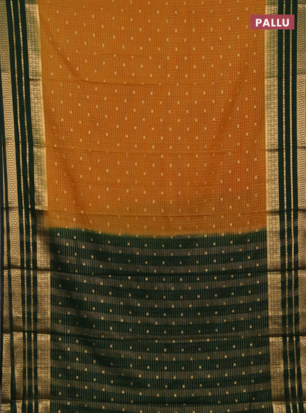 Semi mysore silk saree mustard yellow and bottle green with allover zari checks & buttas and long zari woven border