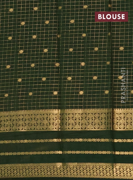 Semi mysore silk saree mustard yellow and bottle green with allover zari checks & buttas and long zari woven border