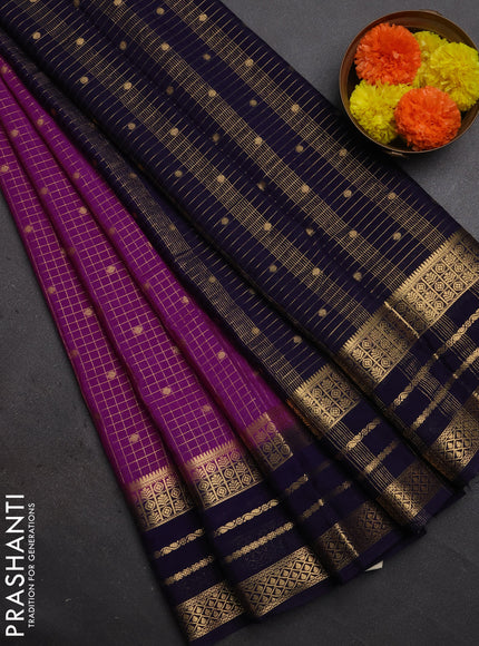Semi mysore silk saree magenta pink and deep violet with allover zari checks & buttas and long zari woven border