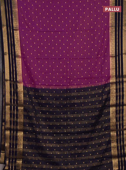 Semi mysore silk saree magenta pink and deep violet with allover zari checks & buttas and long zari woven border