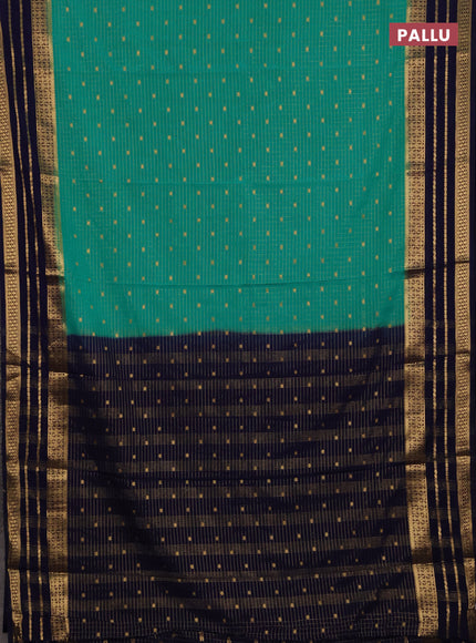 Semi mysore silk saree teal green and navy blue with allover zari checks & buttas and long zari woven border