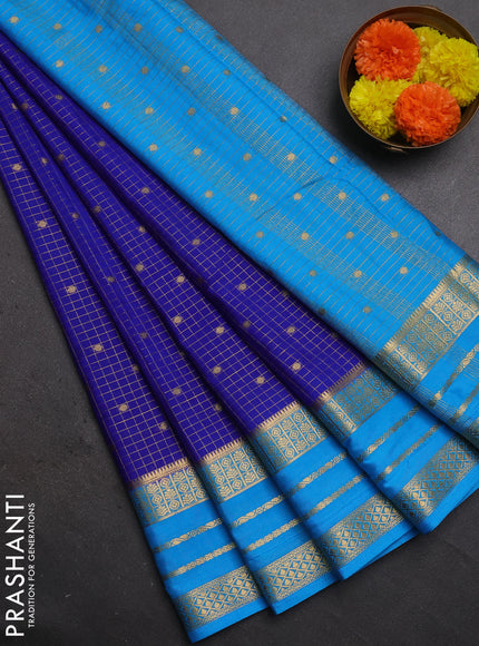 Semi mysore silk saree blue and cs blue with allover zari checks & buttas and long zari woven border