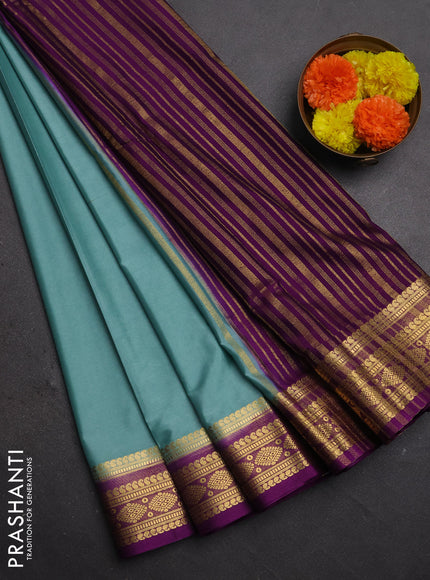Semi mysore silk saree pastel green and purple with plain body and zari woven border
