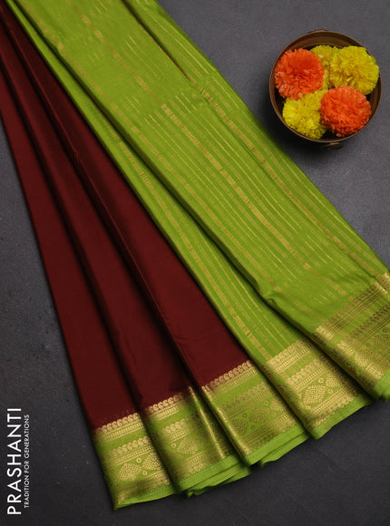 Semi mysore silk saree brown and light green with plain body and zari woven border