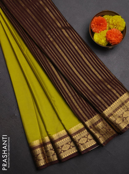 Semi mysore silk saree lime yellow and coffee brown with plain body and zari woven border