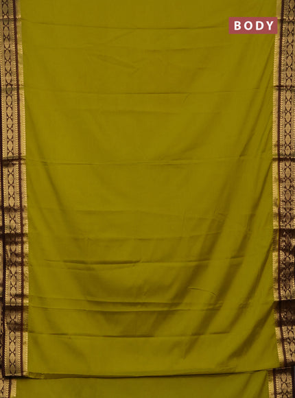 Semi mysore silk saree lime yellow and coffee brown with plain body and zari woven border
