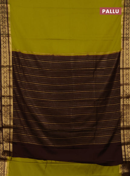 Semi mysore silk saree lime yellow and coffee brown with plain body and zari woven border