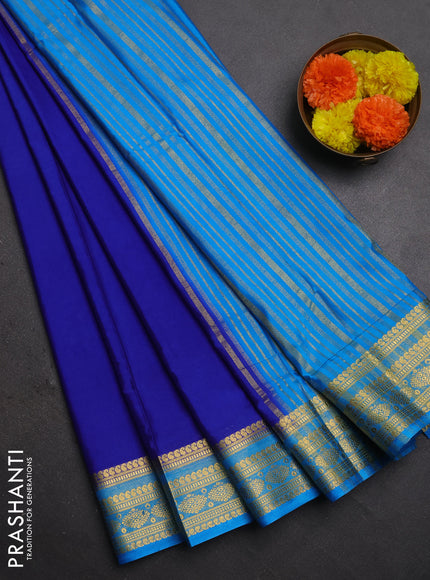 Semi mysore silk saree royal blue and cs blue with plain body and zari woven border