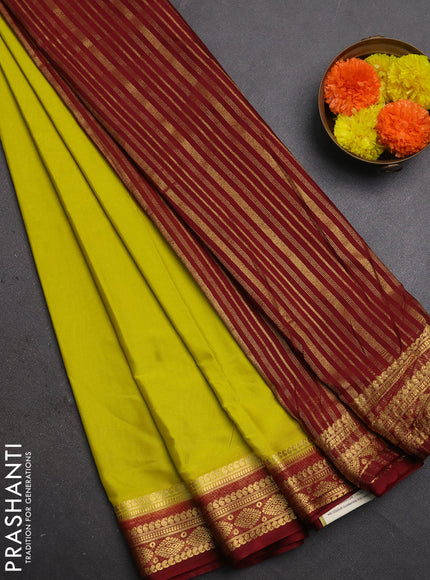 Semi mysore silk saree lime yellow and maroon with plain body and zari woven border