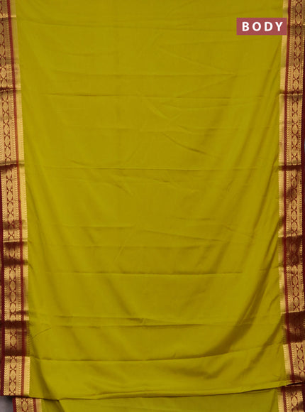 Semi mysore silk saree lime yellow and maroon with plain body and zari woven border