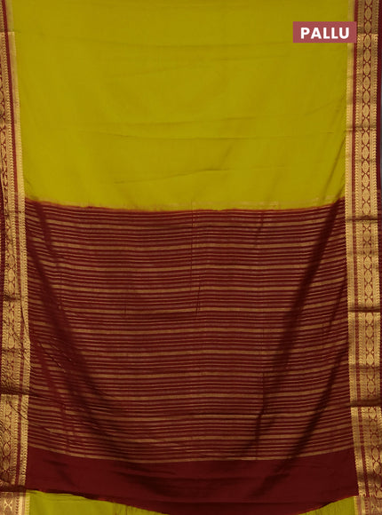 Semi mysore silk saree lime yellow and maroon with plain body and zari woven border
