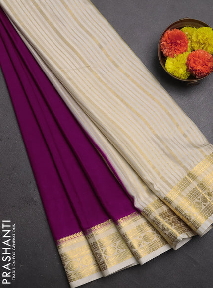 Semi mysore silk saree magenta pink and cream with plain body and zari woven border