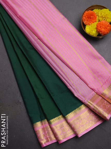 Semi mysore silk saree green and light pink with plain body and zari woven border
