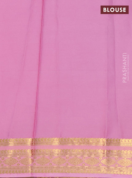 Semi mysore silk saree green and light pink with plain body and zari woven border