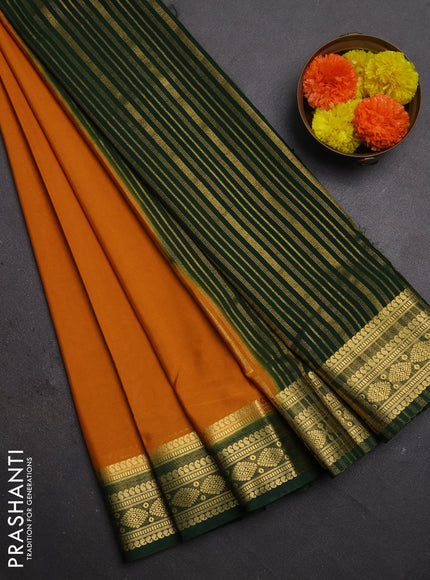 Semi mysore silk saree mustard yellow and bottle green with plain body and zari woven border