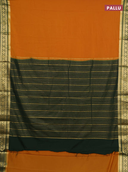 Semi mysore silk saree mustard yellow and bottle green with plain body and zari woven border