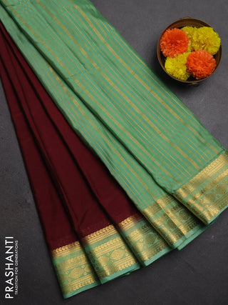 Semi mysore silk saree maroon and pastel green with plain body and zari woven border