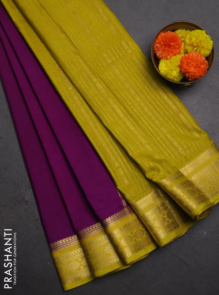 Semi mysore silk saree purple and lime yellow with plain body and zari woven border