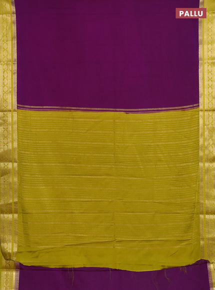 Semi mysore silk saree purple and lime yellow with plain body and zari woven border