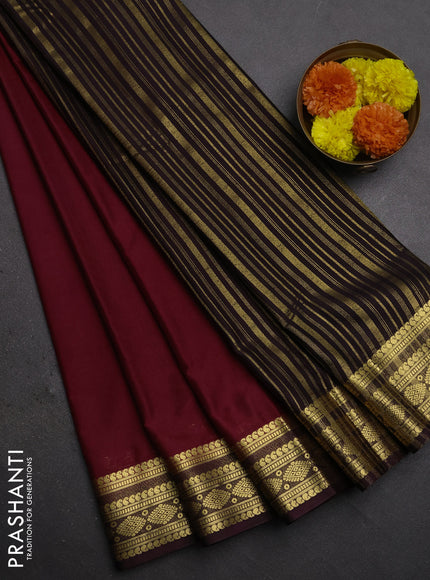 Semi mysore silk saree maroon and coffee brown with plain body and zari woven border