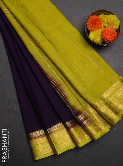 Semi mysore silk saree deep purple and lime yellow with plain body and zari woven border
