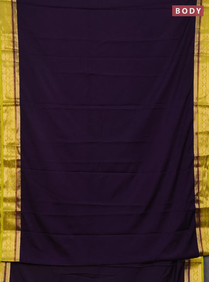 Semi mysore silk saree deep purple and lime yellow with plain body and zari woven border