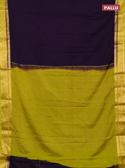 Semi mysore silk saree deep purple and lime yellow with plain body and zari woven border