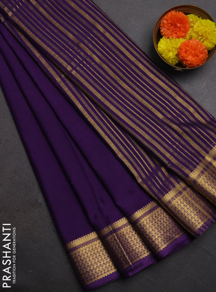 Semi mysore silk saree purple with plain body and temple design zari woven border