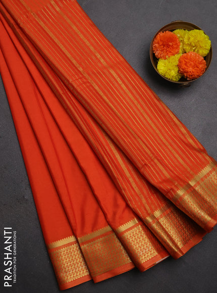 Semi mysore silk saree orange with plain body and temple design zari woven border