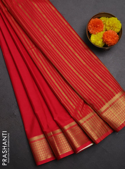 Semi mysore silk saree peach red with plain body and temple design zari woven border