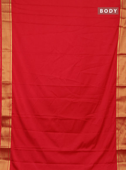 Semi mysore silk saree peach red with plain body and temple design zari woven border