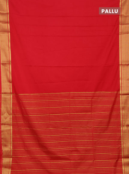 Semi mysore silk saree peach red with plain body and temple design zari woven border