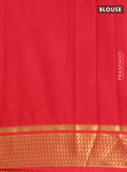 Semi mysore silk saree peach red with plain body and temple design zari woven border