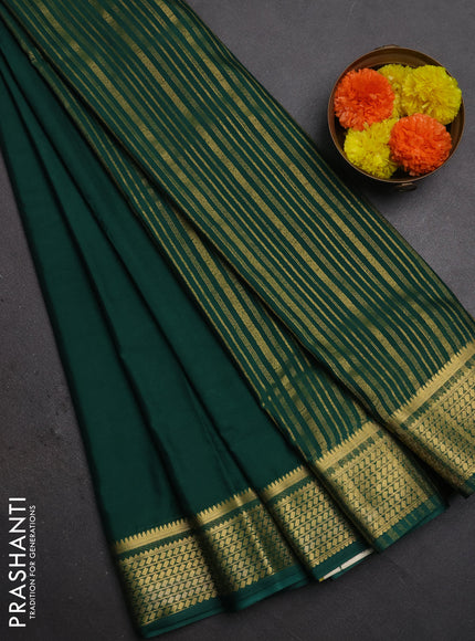 Semi mysore silk saree green with plain body and temple design zari woven border