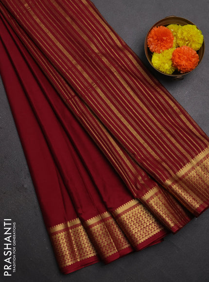 Semi mysore silk saree maroon with plain body and temple design zari woven border
