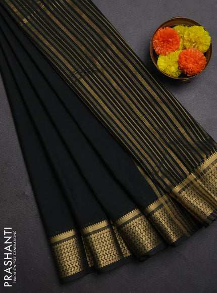 Semi mysore silk saree dark bottle green with plain body and temple design zari woven border