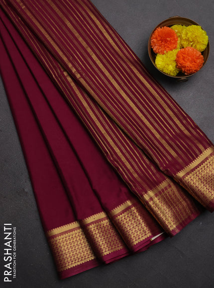 Semi mysore silk saree wine shade with plain body and temple design zari woven border