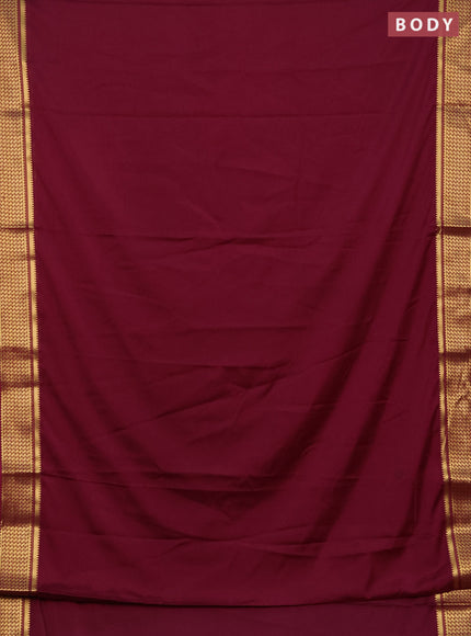 Semi mysore silk saree wine shade with plain body and temple design zari woven border