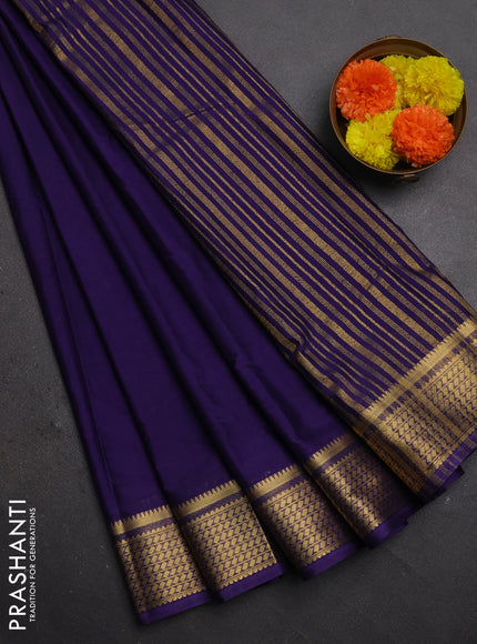 Semi mysore silk saree purple with plain body and temple design zari woven border