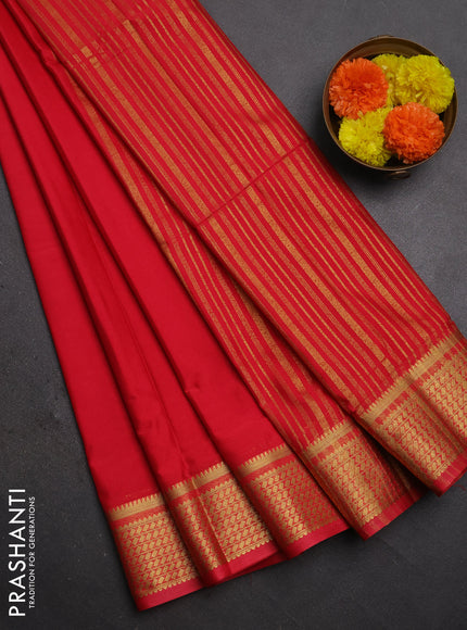 Semi mysore silk saree red shade with plain body and temple design zari woven border