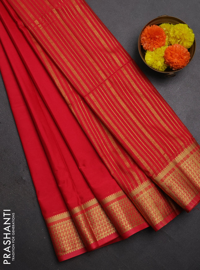 Semi mysore silk saree red shade with plain body and temple design zari woven border
