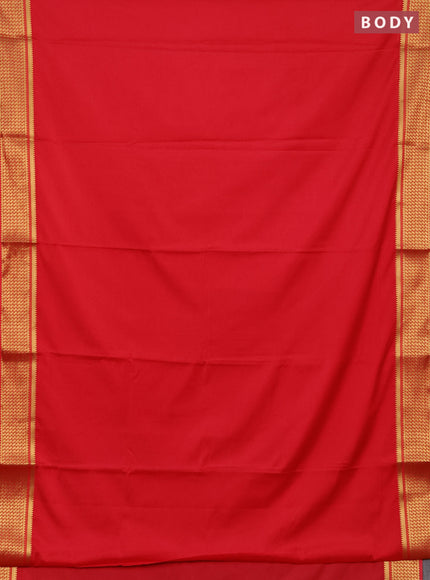 Semi mysore silk saree red shade with plain body and temple design zari woven border