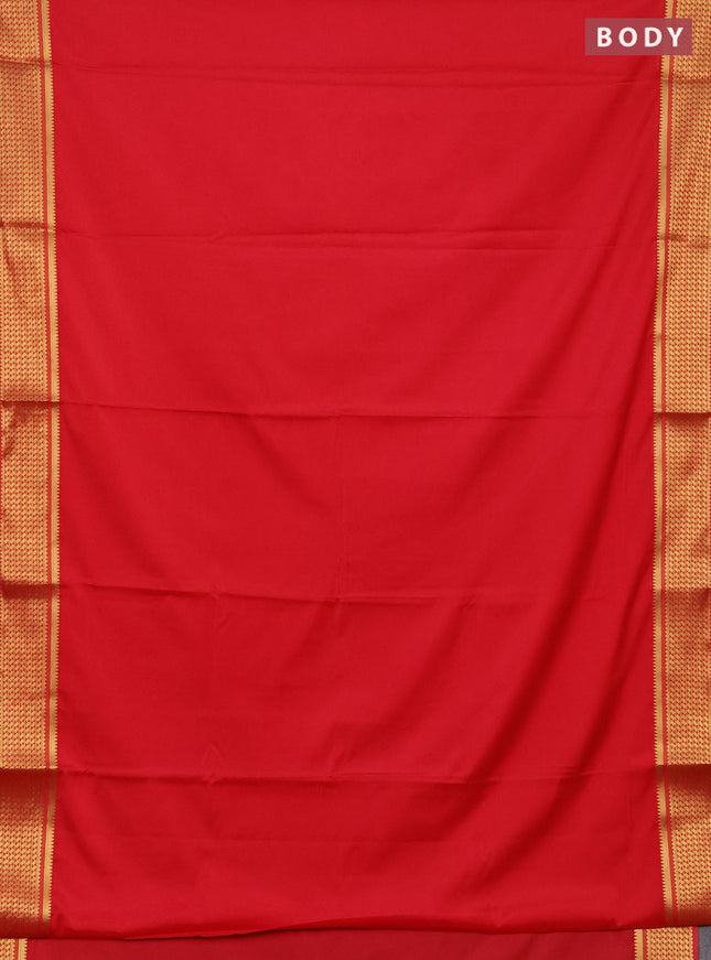 Semi mysore silk saree red shade with plain body and temple design zari woven border