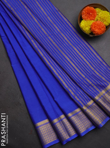 Semi mysore silk saree royal blue with plain body and temple design zari woven border
