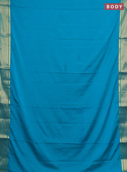 Semi mysore silk saree teal blue with plain body and temple design zari woven border