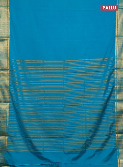 Semi mysore silk saree teal blue with plain body and temple design zari woven border