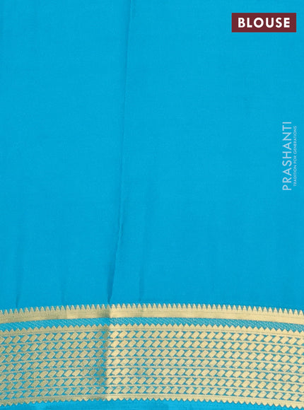 Semi mysore silk saree teal blue with plain body and temple design zari woven border