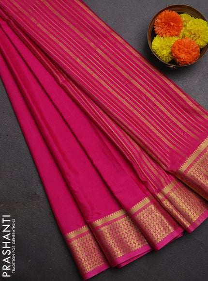 Semi mysore silk saree pink with plain body and temple design zari woven border