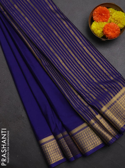 Semi mysore silk saree navy blue with plain body and temple design zari woven border