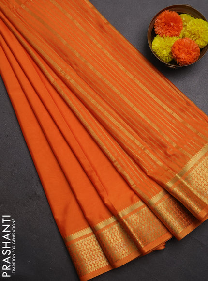 Semi mysore silk saree orange with plain body and temple design zari woven border